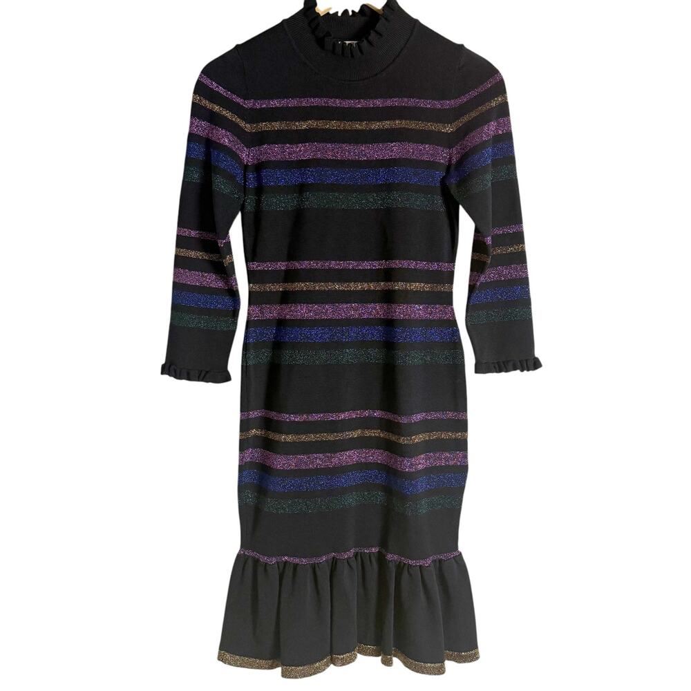Shoshanna Evette Black Striped Knit Long Sleeve Ruffle Mock Neck Sweater Dress S - Picture 6 of 14